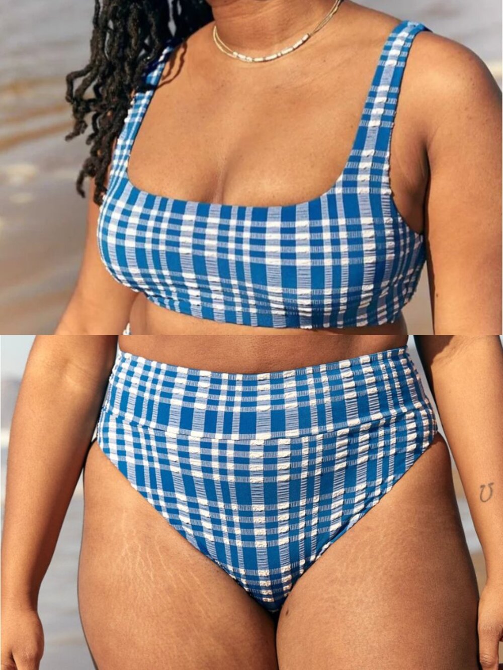 Aerie Women's Bikini Set Cheeky Bottom Scoop Top Swimsuit Plaid Blue Size Small